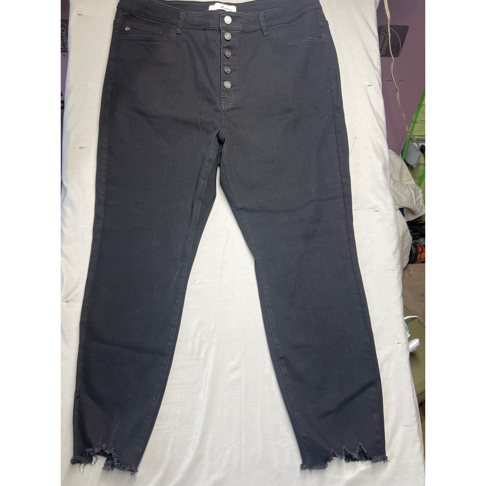 KanCan Black High Rise Button Fly Skinny Jeans Distressed Zig Zag Raw Hem 18.5W